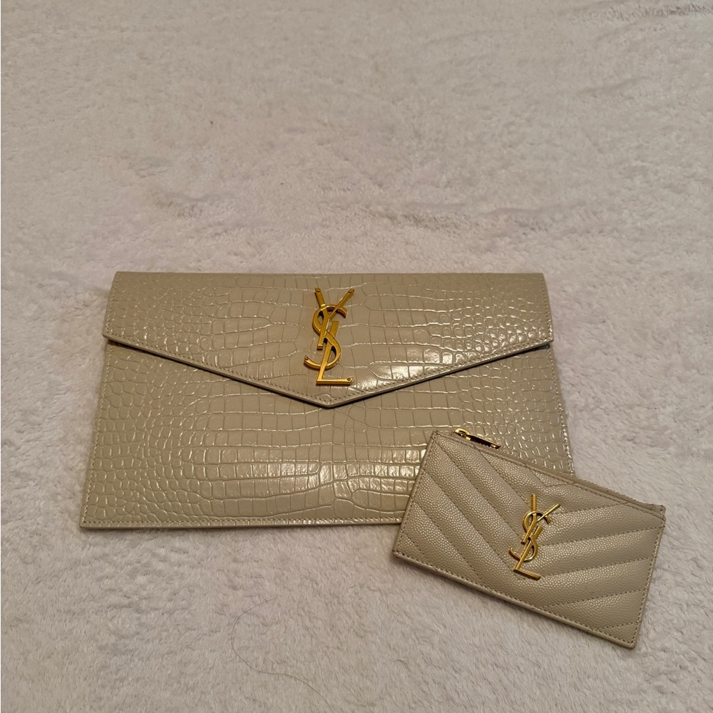 Yves Saint Laurent Crocodile Embossed Clutch and Card Holder in Cream